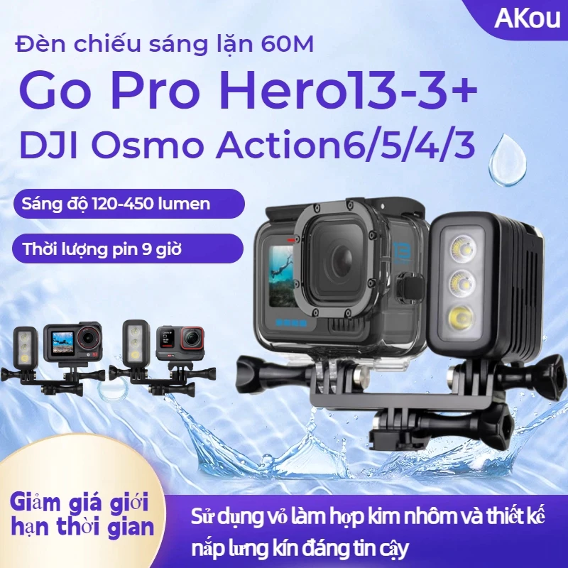 Đèn lặn LED 450 Lumens sạc lại được cho GoPro, DJI Osmo Action 4/5 Pro