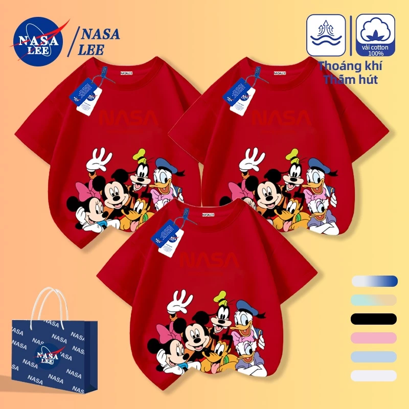 [Giao hàng trong ngày] Áo thun Cotton màu đỏ của NASA Chuột Mickey Hoạt hình Thiên đường Cha mẹ và con cái Mặc dáng rộng Thời trang ba tay ngắn
