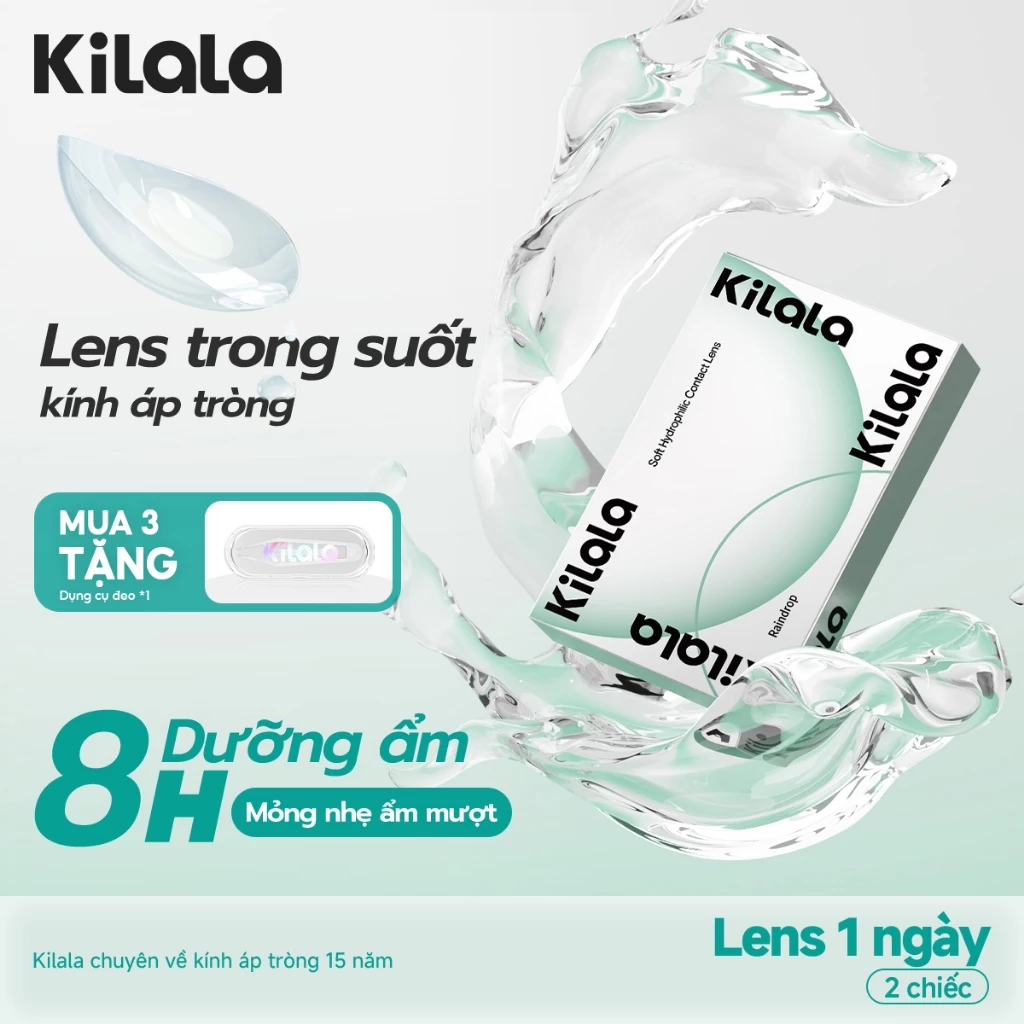 Lens 1 ngày cận trong suốt kính áp tròng Kilala không màu RainDrop Lens 1 ngày DIA 14.2mm có độ (0.5-8) 2 chiếc