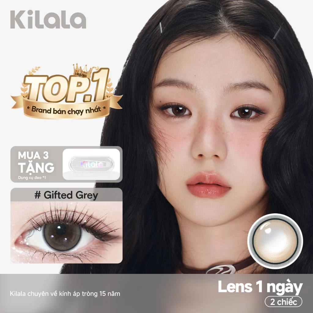 Kính áp tròng Kilala màu xám Gifted Grey và màu nâu Gifted Brown DIA 14.0mm lens cận 1 ngày có độ (0-8) 2 chiếc