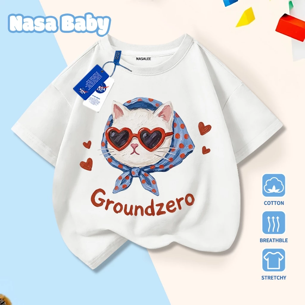 [Hàng có sẵn Giao hàng ngay lập tức] Áo thun in hình mèo con thời trang NASA Cotton thoải mái thoáng khí cho trẻ em Áo ngắn tay