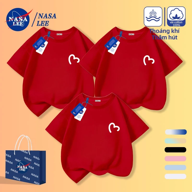 [Giao hàng trong ngày] Áo thun Cotton màu đỏ NASA thoáng khí in hình trái tim cha mẹ và con cái mặc dáng rộng gia đình thường ngày ba tay ngắn thời trang