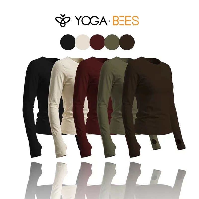 YOGA BEES Gân Dài Tay Tập Luyện Tee Slim Fit Cổ Tròn Có Lỗ Ngón Tay Cái Yoga & Hàng Ngày Thường Ngày
