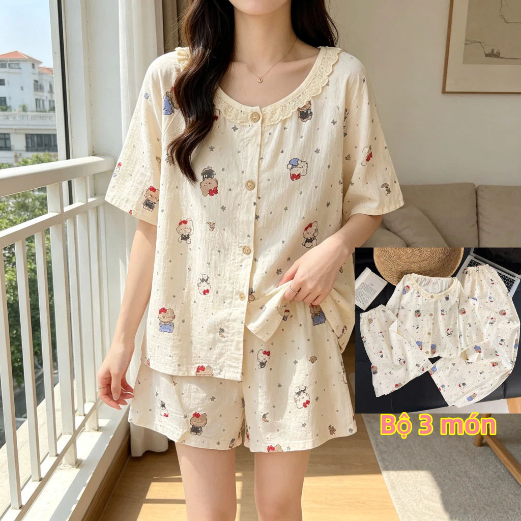 Bộ đồ ngủ ba mảnh màu mơ, quần áo nhà rộng hình mèo Kitty hoạt hình ngôi sao, ren ren ren dễ thương, đồ ngủ bốn mùa học sinh / bé gái, quần short ngắn tay + quần dài