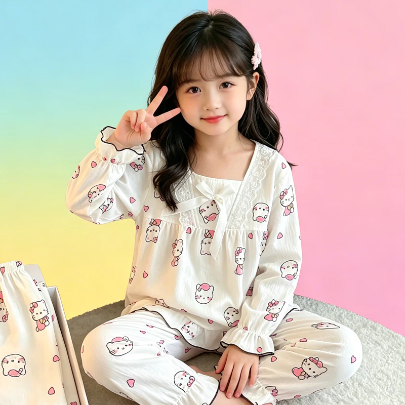 Bộ đồ ngủ dài tay vui nhộn cho bé gái Bộ đồ ngủ bằng vải Polyester mềm mại cổ vuông cho bé gái 11 - 12 tuổi