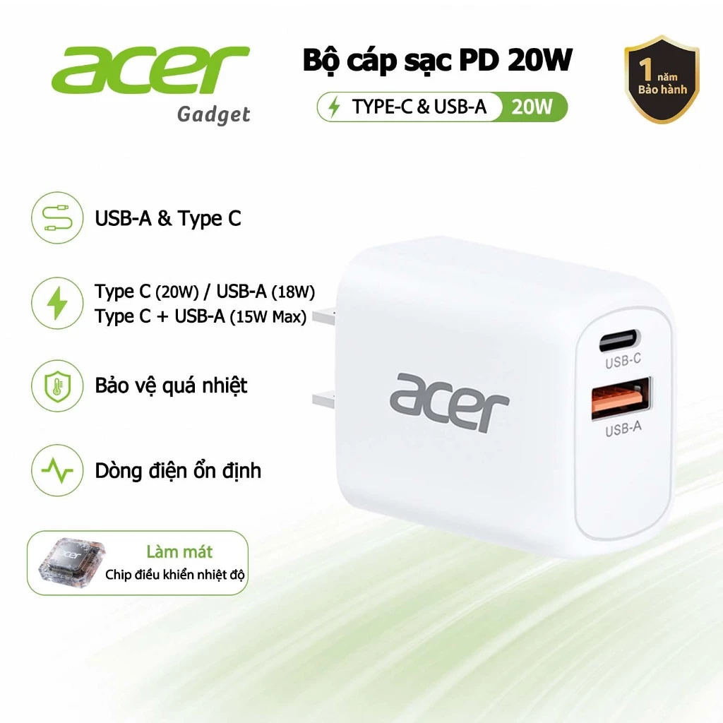 Acer Bộ sạc nhanh Type C + USB A PD 20W Power Adapter Không Nóng Máy An toàn và ổn định thích hợp cho for iP 15 14 13 12 C02