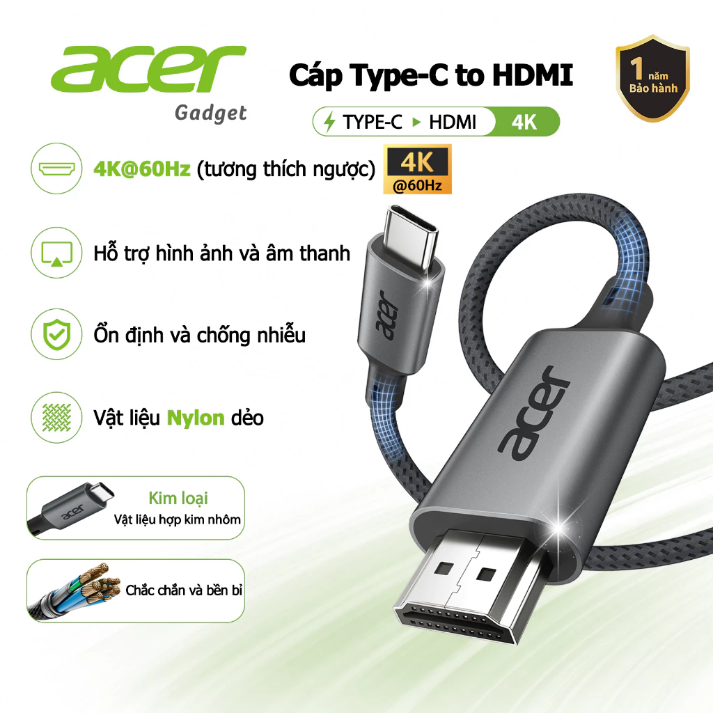 Acer Cáp chuyển đổi USB C sang HDMI 4K 2K 60Hz Type C HD Dây bện tốc độ cao Lõi đồng nguyên chất cho văn phòng tại nhà Tương thích với điện thoại Microsoft Laptop UC412