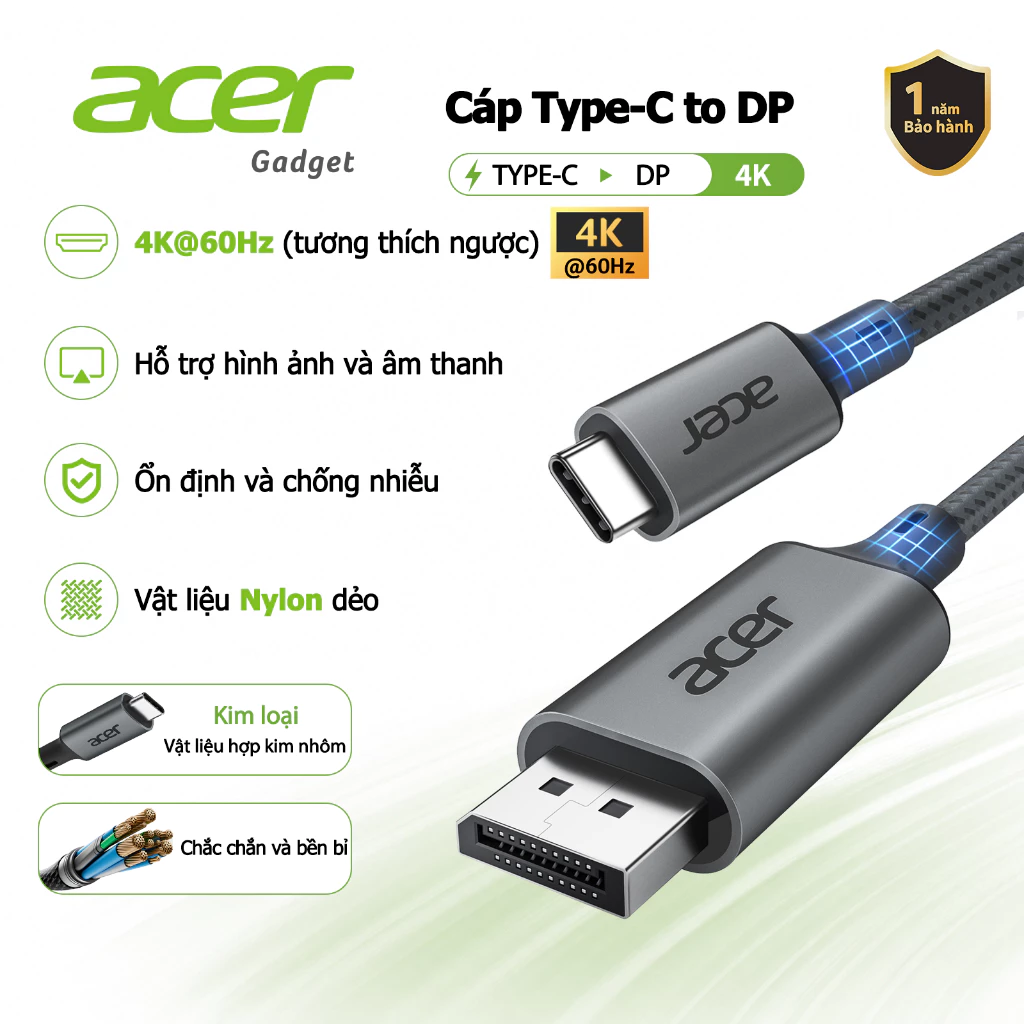 Acer Cáp chuyển đổi USB C sang DP 4K 60HZ 2K 165Hz Dây Type-C to DisplayPort Nhôm chắc chắn Cắm & Chạy cho màn hình/ máy chiếu/ hdtv/ máy tính xách tay UC413