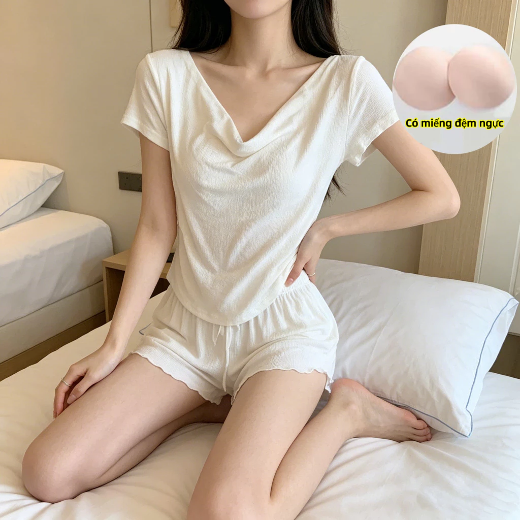 Quần áo ngủ V-tie và đệm ngực dành cho nữ, quần short ngắn tay bằng sợi lụa băng mùa hè Bộ hai mảnh, cộng với kích thước giảm béo cao cấp gợi cảm, thắt lưng cinched cạnh nấm mặc nhà