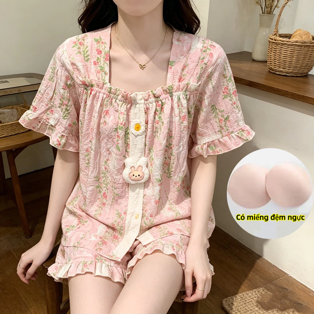Bộ đồ ngủ bé gái phong cách nông thôn Hàn Quốc in hoa hồng, tay áo bong bóng cổ vuông và mặt dây chuyền thỏ, mặc ở nhà mùa xuân hè thoáng khí có đệm ngực, quá khổ