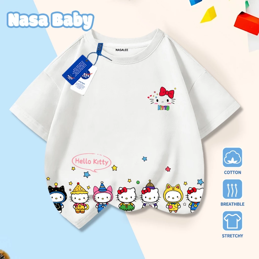 [Hàng có sẵn Giao hàng ngay lập tức] Áo thun in hình thùng gia đình Hello Kitty của NASA Cotton thoải mái thoáng khí cho trẻ em Áo ngắn tay