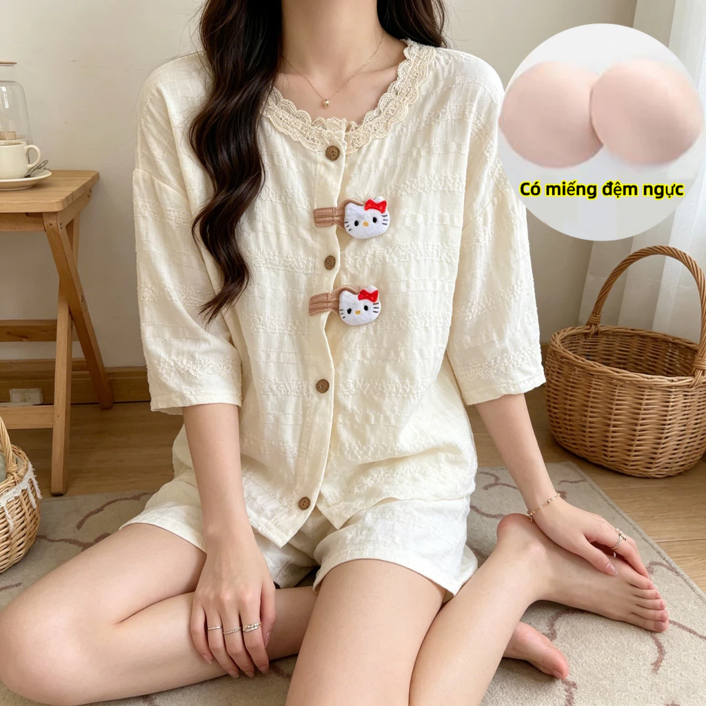 Bộ đồ ngủ màu trắng kem, thiết kế ren và mèo Kitty, trang phục nhà nhẹ nhàng Hàn Quốc dành cho nữ, áo cardigan họa tiết thoáng khí có đệm ngực, có thể mặc như một bộ hai mảnh