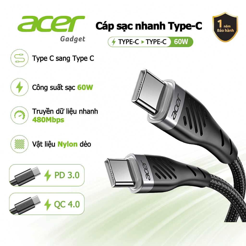 Acer Dây cáp sạc nhanh ip Type C USB-C sang USB-C sạc nhanh 60W thiết kế bện nylon 3 chiều dài (1m / 1.5m / 2m) truyền ổn định 480Mbps tương thích với điện thoại di động máy tính bảng máy tính xách tay UC0021