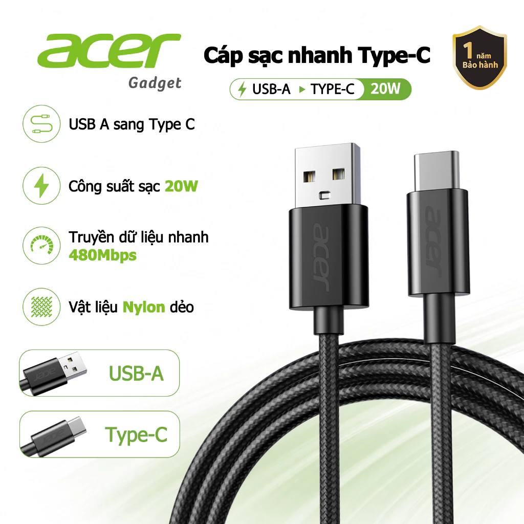 Acer Dây cáp sạc nhanh Type C 20W USB-A to USB-C Truyền dữ liệu 480Mbps Bộ Dây bện Nylon Tương thích với máy tính xách tay và cáp sạc xe chơi game bền UC0018
