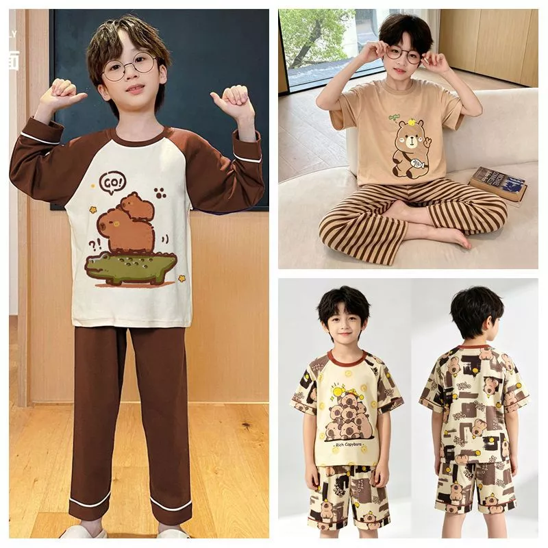 Bộ đồ ngủ bé trai lớn Bộ đồ ngủ cổ tròn dài tay dành cho tuổi Teen Bộ đồ ngủ bé trai hoặc bé gái đáng yêu cho bé gái 6 - 7 tuổi