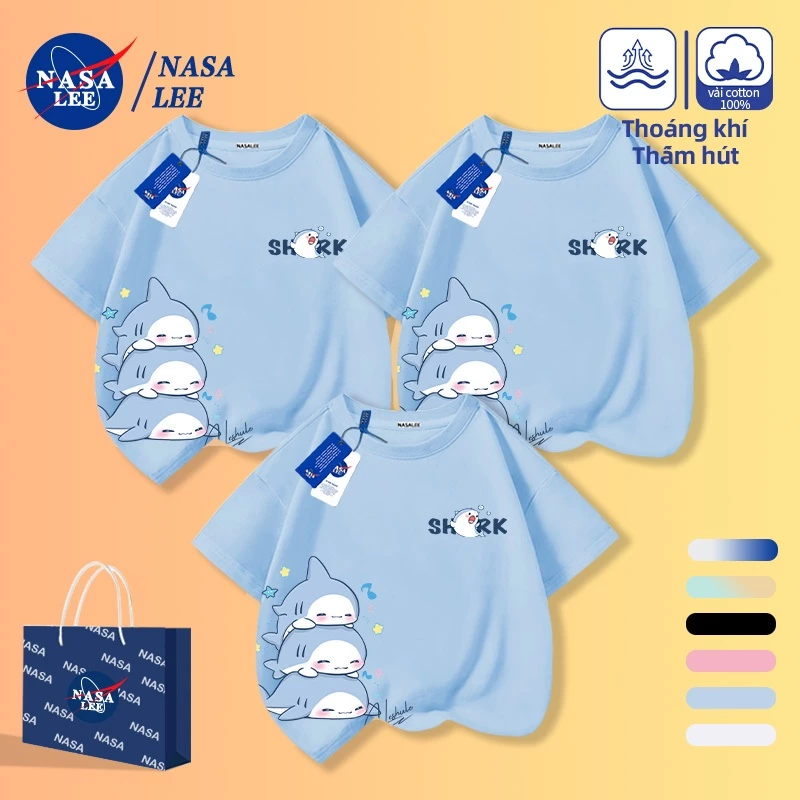 [Giao hàng trong ngày] Áo thun Cotton thoáng khí màu xanh nhạt của NASA Họa tiết cá mập nhỏ Mặc bố mẹ và con cái dáng rộng Thời trang ba tay ngắn