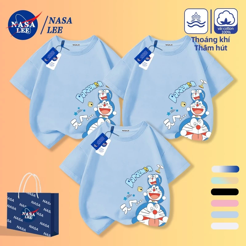 [Giao hàng trong ngày] Áo thun Cotton màu xanh nhạt hợp thời trang của NASA Họa tiết Doremon Họ ba cha mẹ và con cái Mặc thời trang tay ngắn thông thường