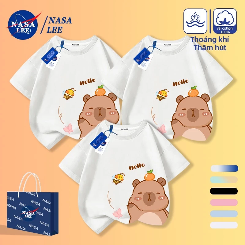 [Giao hàng trong ngày] Áo thun Cotton trắng NASA mặc cha mẹ và con cái dễ thương Kapibara in hình gia đình ba bốn tay ngắn cho mẹ và con gái