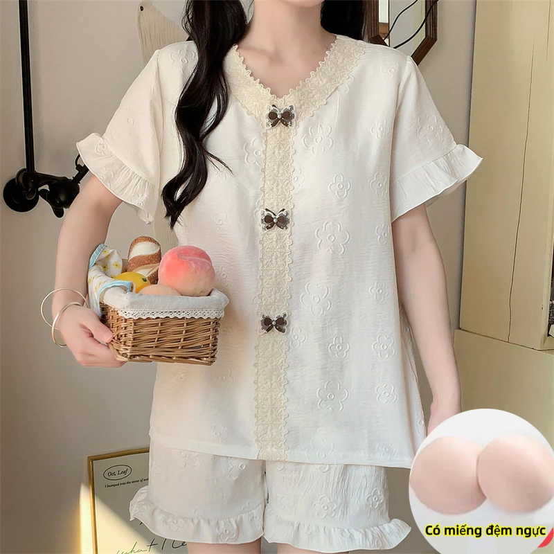 Bộ đồ ngủ mùa hè bằng vải Cotton in hình đám mây: Bộ hai mảnh ngắn tay có đệm áo ngực, đồ ngủ kiểu công chúa