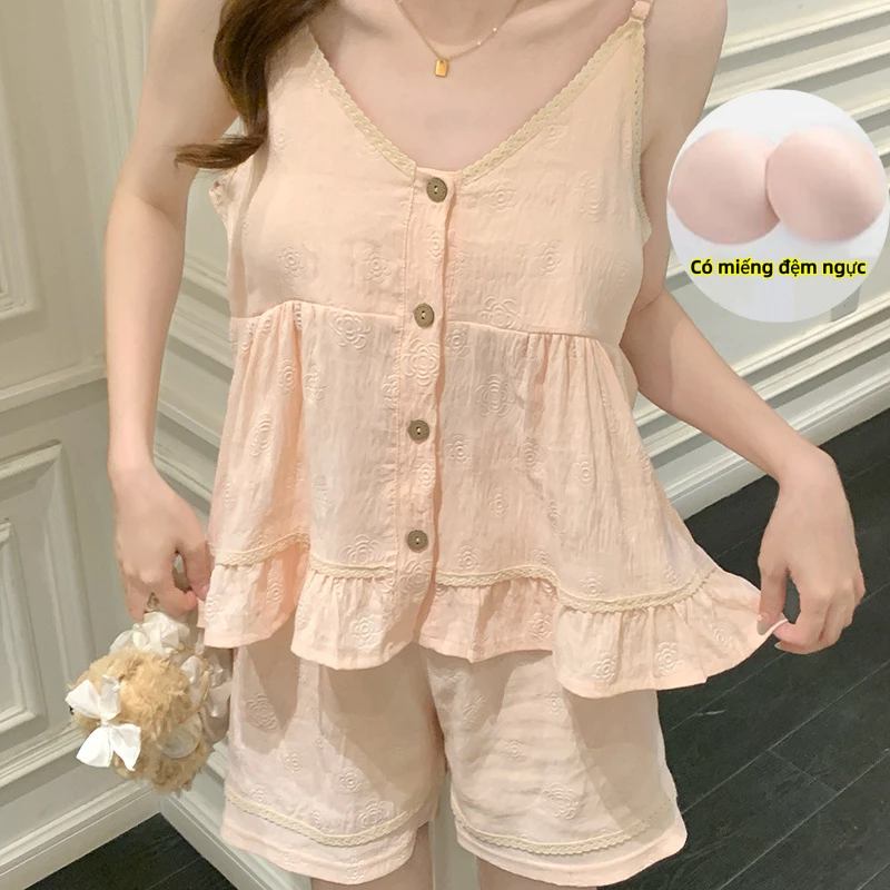 Bộ đồ ngủ yếm phong cách công chúa bé gái, bọt mỏng mùa hè, họa tiết hoa hồng ba chiều màu hồng nhạt, áo sơ mi búp bê ren trông thon gọn, đệm ngực có thể tháo rời, dáng rộng vừa vặn cho ngoài trời