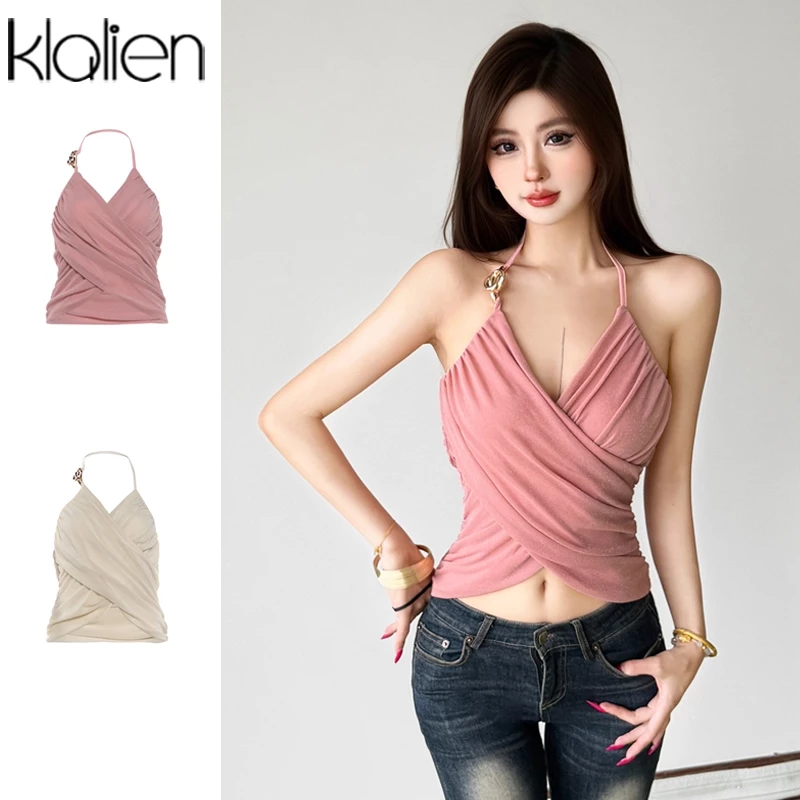 Klalien Gợi Cảm Nữ Camisole Ruched Mùa Hè Cổ Chữ V Quấn Ngực Khóa Kim Loại Chắp Vá Lưng Clubwear Đi Biển Kỳ Nghỉ Xe Tăng Áo
