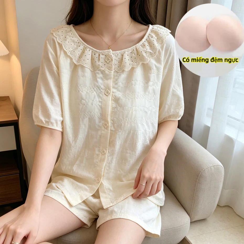 Bộ đồ ngủ kiểu kem nhẹ nhàng cho bé gái, cổ tròn chấm bi ren, trang phục nhà công chúa ngọt ngào, cotton bong bóng mềm mại và nhăn thoáng khí và thấm mồ hôi, đẹp mắt để chụp ảnh
