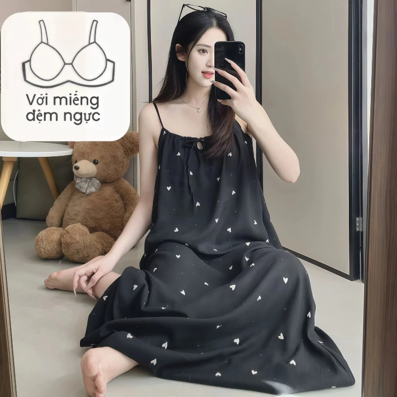 【Mới Hè 2026】Váy Ngủ 2 Dây Có Đệm Ngực Chất Liệu Cloud Cotton In Họa Tiết - Dáng Dài Trung Bình Form Rộng, Phong Cách Ngọt Ngào Dễ Thương Cho Nữ