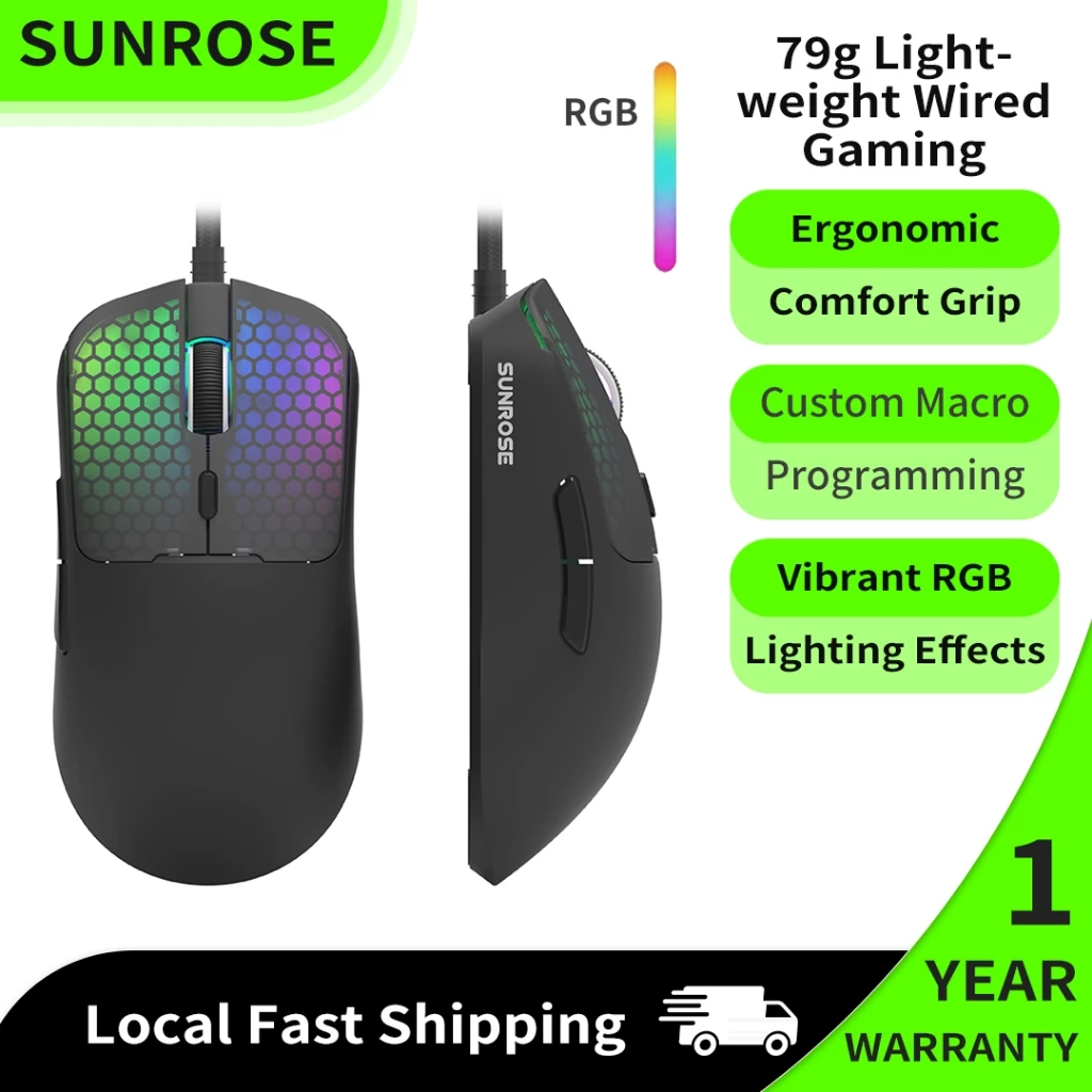 SUNROSE G1 Chuột Gaming Siêu Nhẹ 79g, Cảm Biến Quang A725F, 6 Mức DPI Điều Chỉnh, Đèn RGB, Macro Lập Trình Cho Game FPS MMO