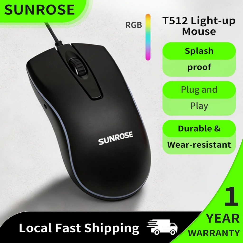 SUNROSE T512 Chuột có dây tiện dụng, có đèn nền LED chiếu sáng, nhấp chuột im lặng, Bánh xe cuộn chống trượt 3D, 1000DPI, Plug & Play, Di động để làm việc và chơi game văn phòng