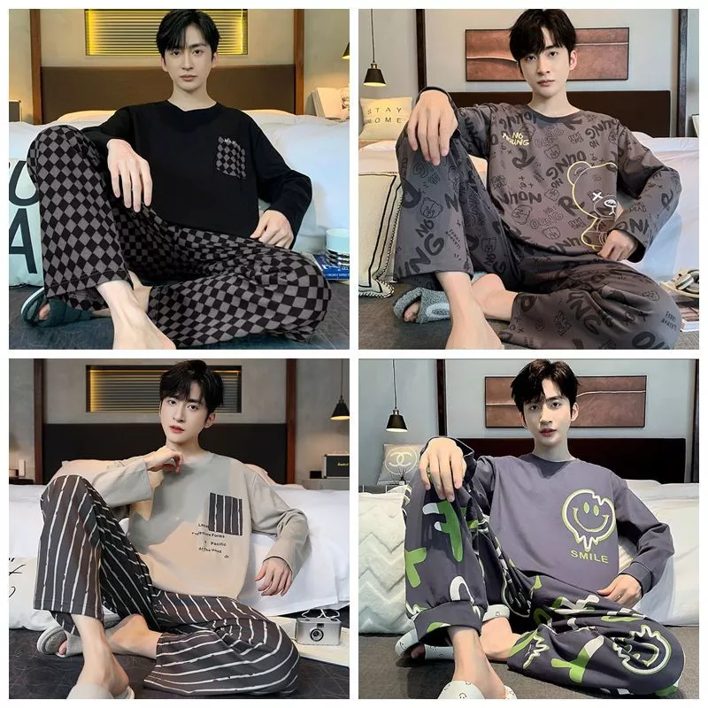Nam Homewear Quần Dài Tay Quần Dài Kích Thước Lớn Bộ Đồ Ngủ Cổ Tròn Thường Ngày Đồ Ngủ Bộ Đồ Ngủ Cho Nam