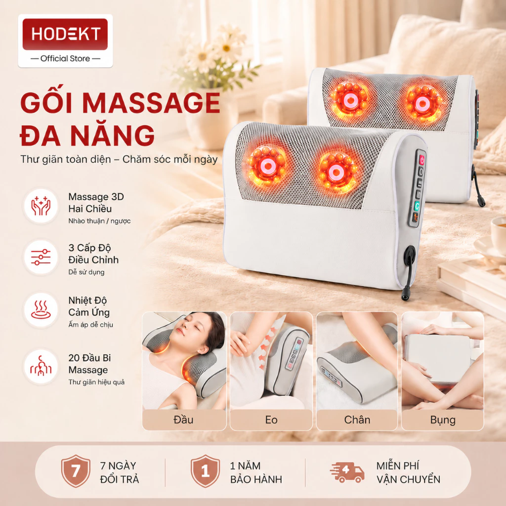 Gối Massage Cổ Vai HODEKT, 20 Đầu Massage 3D, Làm Nóng, 3 Cường Độ, Mát Xa Cổ, Lưng, Vai Gáy