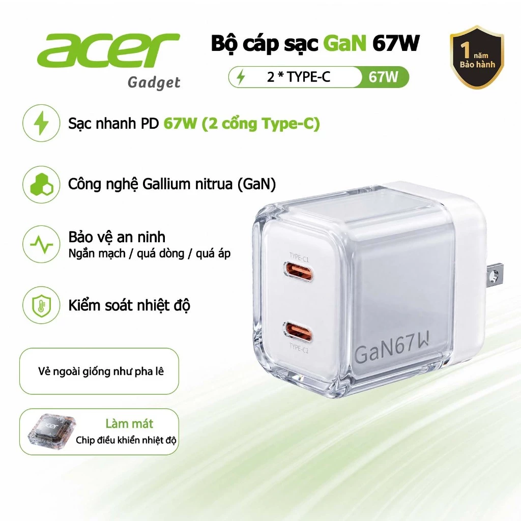 Acer gadget Bộ sạc GaN Type C 67W nhanh 2 cổng USB C Củ sạc PD 65W Power Adapter Sạc điện cho Không Nóng Máy An Toàn Ổn Định cho iPad Samsung Pad