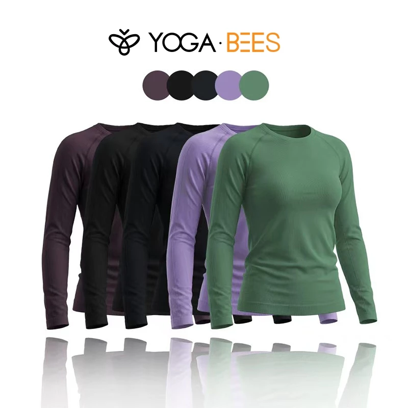 YOGA BEES Gân Raglan Dài Tay Yoga Top Nữ Cổ Tròn Slim Fit Nhanh Khô Thoáng Khí Chạy Bộ Tập Gym Tập Luyện Áo Thun 5 Màu