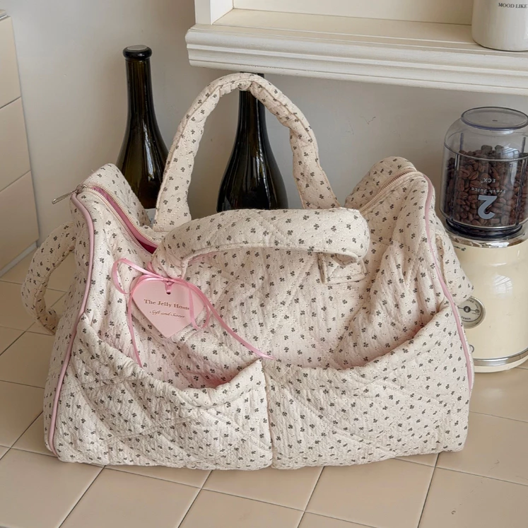 Pháp Mục Vụ Hoa Quilted Túi Xách Dung Tích Lớn Đôi Túi Thiết Kế Vải Di Động Lưu Trữ Du Lịch Túi