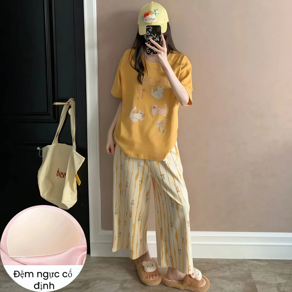 【Mã giảm giá-CAIXCAIX】Bộ Đồ Nữ Tay Ngắn Có Đệm Ngực - Chất Liệu Thoáng Mát Thoải Mái, Đồ Mặc Nhà Dễ Chịu, Có Thể Mặc Ra Ngoài Tiện Lợi