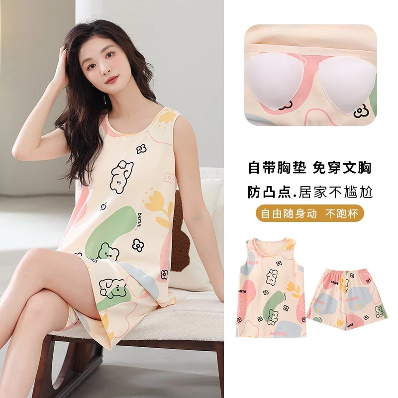 đồ bộ nữ đồ mặc nhà   bộ đồ ngủ nữ    Cotton Nguyên Chất Có Miếng Lót Ngực Bộ Đồ Ngủ Nữ Mùa Hè Áo Vest Không Tay Mỏng Thường Ngày Plus Kích Thước Phù Hợp Với Loungewear Có Thể Mặc Bên Ngoài