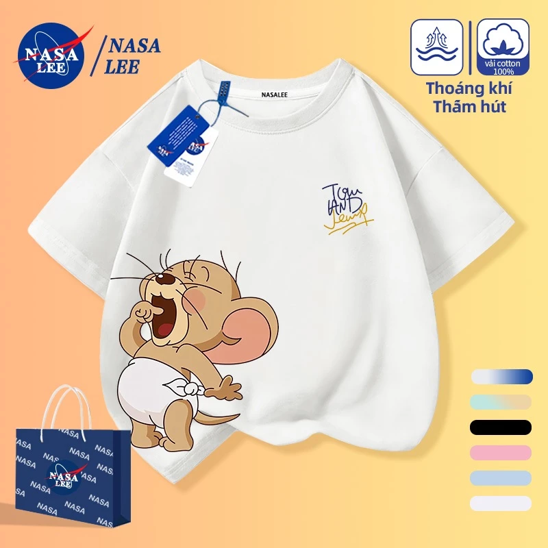 [Giao hàng trong ngày] Áo thun Cotton nguyên chất màu trắng cho trẻ em Bầu không khí Chuột nhỏ Hoạt hình Trẻ em Họa tiết dễ thương 3-16 tuổi Áo sơ mi ngắn tay dáng rộng thông thường