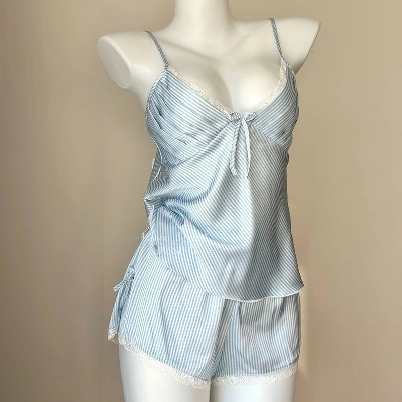 Bộ đồ ngủ in sọc nữ Quần short yếm lụa băng gợi cảm mặc tại nhà có miếng đệm ngực