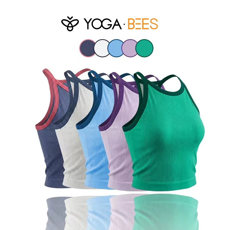 Áo ngực thể thao kiểu vest có gân nhiều màu, xe tăng tập luyện cổ cao hỗ trợ vừa phải