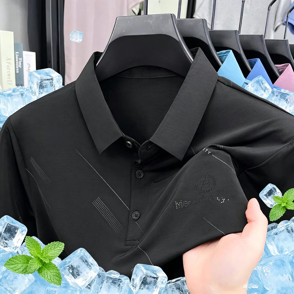Áo sơ mi nam Slim Fit, Polo chéo LinePrint, tay ngắn, chất liệu Ice Silk thoáng khí Cảm giác mát lạnh