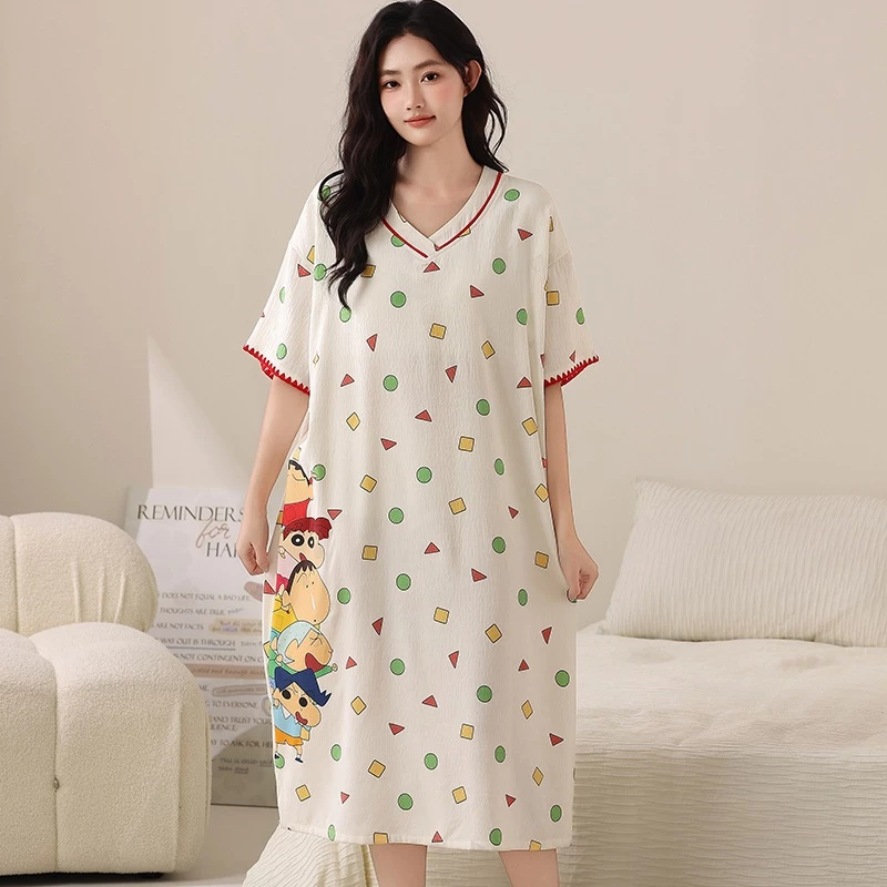 【Cổ V cotton nguyên chất】Đầm ngủ dáng dài mùa hè rộng rãi tôn dáng, phong cách tối giản thanh lịch, mặc nhà vừa đẹp vừa thoải mái, chất liệu mềm mại thân thiện với da – chống ẩm nhanh khô