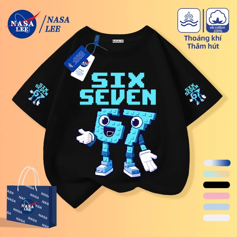 [Giao hàng trong ngày] Áo thun Cotton nguyên chất màu xanh hải quân cho trẻ em Cảm giác bầu không khí Số 67 Phim hoạt hình Trẻ em Họa tiết dễ thương dáng rộng 3-16 tuổi Ngắn thường ngày @