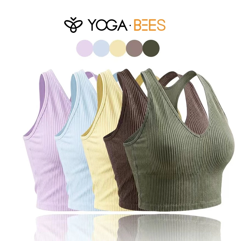YOGA BEES Gân Cổ Chữ V Racerback Thể Thao Áo Ngực Tank Top Nữ Tích Hợp Đệm Không Tay Tập Luyện Yoga Tập Gym Crop Vest 5 Màu