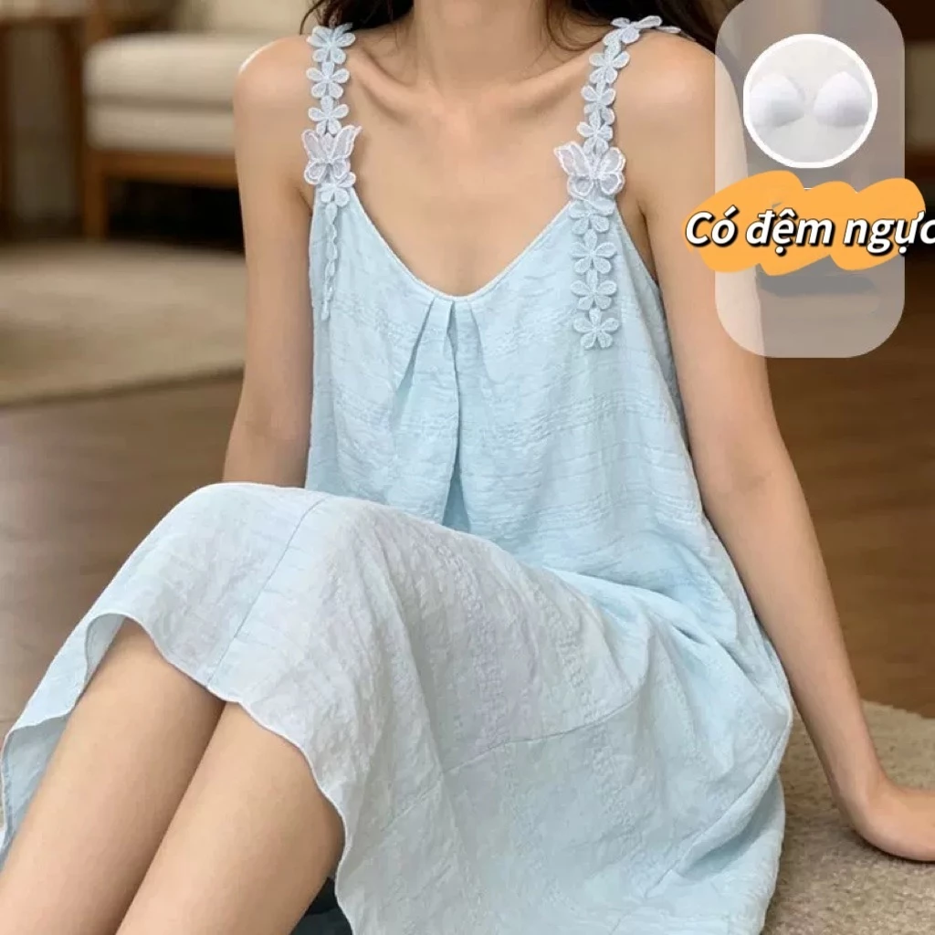 【Cotton có lót ngực】Đầm ngủ dây quai mảnh mùa hè cotton nguyên chất có lót ngực, viền ren bướm ngọt ngào gợi cảm, dáng dài mặc nhà thoải mái, chất liệu nhanh khô chống ẩm