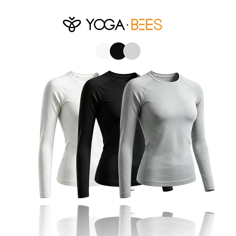 Áo Tập Nữ Dài Tay Liền Thân Form Ôm Cổ Tròn Raglan Co Giãn Mềm Mại Thoáng Khí Yoga Hàng Ngày Lớp Áo Cơ Bản 3 Màu Trắng Đen Xám Nhạt