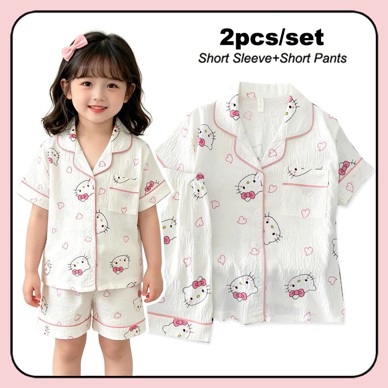 Big Kid Áo Ngủ Tay Ngắn Bé Gái Cotton Ve Áo KT Cat Pyjama Cho 9 - 10 Tuổi