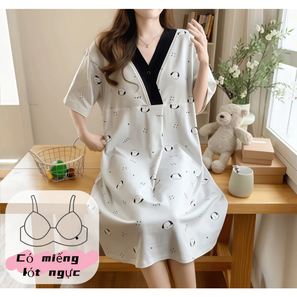 【Có miếng độn ngực】Đầm ngủ bầu mùa hè – In họa tiết hoa xanh – Cotton mềm mại dễ chịu – Đồ mặc nhà rộng rãi thoáng mát – Hàng mới về xuân hè