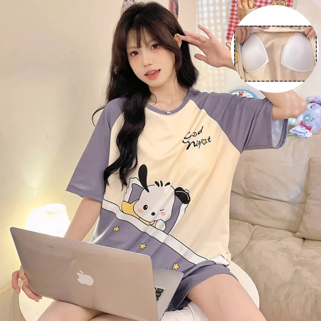 [Đi kèm với miếng đệm ngực] Bộ đồ thường ngày hoạt hình | Phong cách mỏng thoáng khí | Quần áo hai lần đi chơi tại nhà