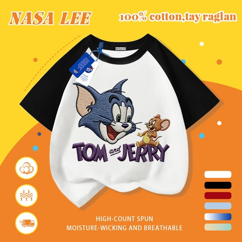 [Giao hàng trong ngày] Áo thun Cotton nguyên chất màu trắng cho trẻ em NASA Áo thun Cotton thoáng khí hoạt hình mèo và chuột in hợp thời trang cho bé trai 3-16 tuổi bé gái tay ngắn thông thường