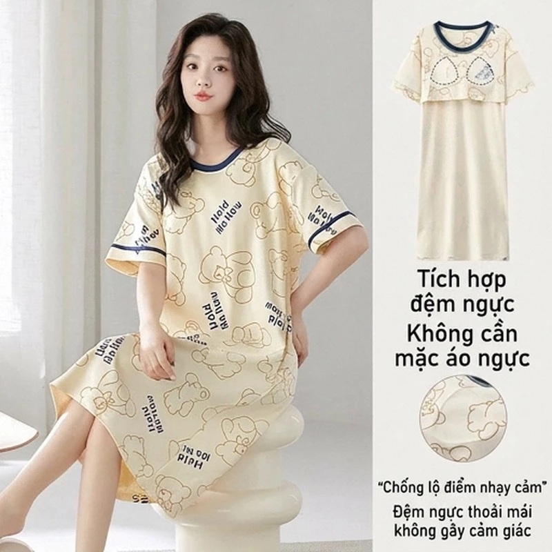 Váy Ngủ Đồ Ngủ Nữ Có Miếng Lót Ngực Mỏng Thoáng Mát Đồ Ở Nhà Mặc Ngoài Tay Ngắn  Dễ Thương Size Lớn